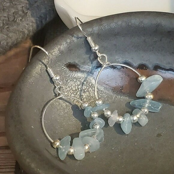 Handcrafted Baroque Aquamarine Gemstone Sterling Silver Plated Hoop Earrings - Picture 1 of 9